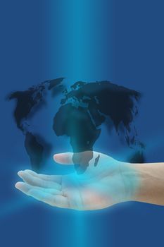 hand hold world map on blue background for globalization concept