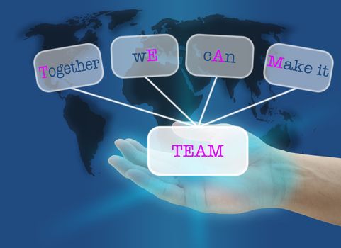 man hand hold TEAM button with world map background