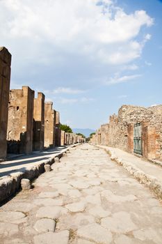 Detail of Pompeii site. The city of was destroyed and completely buried during a long catastrophic eruption of the volcano Mount Vesuvius