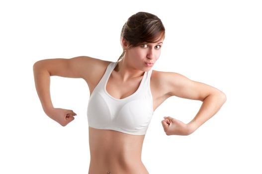 Funny female flexing her muscles, isolated in a white background