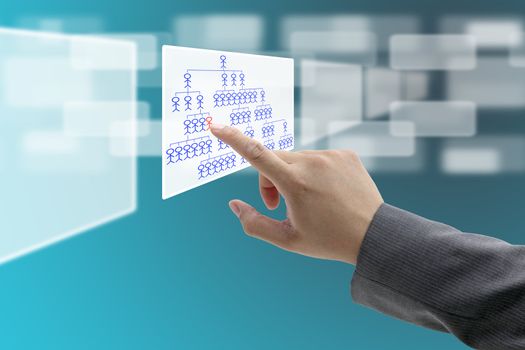 man hand do organization chart on touch screen interface for build business concept