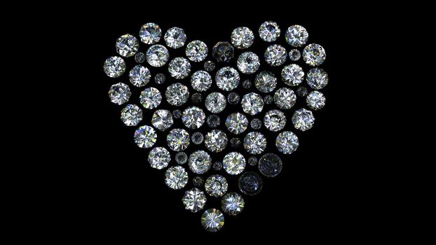 Set of round diamond  shape of heart  on black background