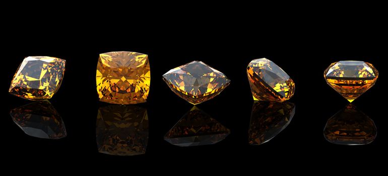 square. Citrine. Collections of jewelry gems on black background