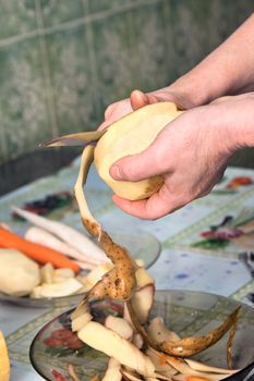 Woman peeling potatoes for lunch

