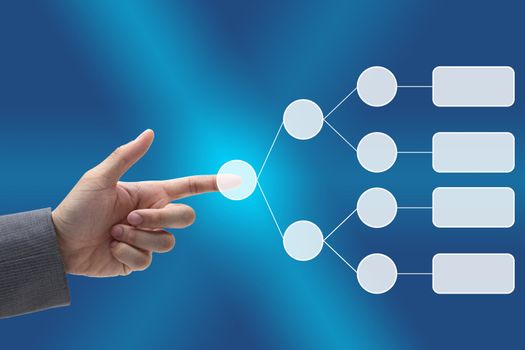 man hand push on blank decision tree diagram in hand for business analyze