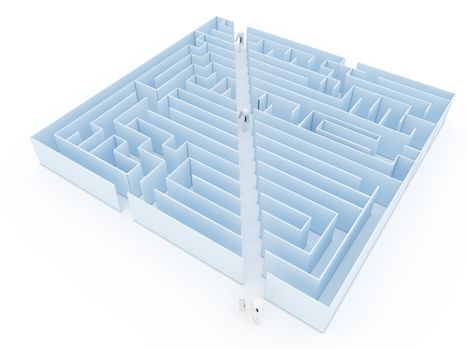 Leadership and business vision with strategy in corporate challenges and obstacles in a maze with men in a labyrinth with a clear solution shortcut path for success.