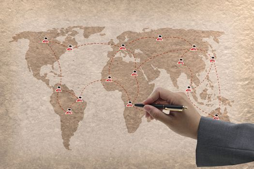 business hand male writing social network on vintage paper