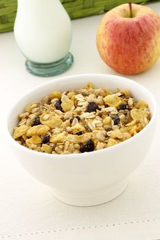 delicious and healthy granola or muesli with a fresh organic apple and lots of dry fruits, nuts and grains. 