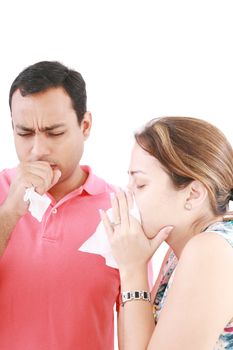 young couple having the flu, isolated over white background