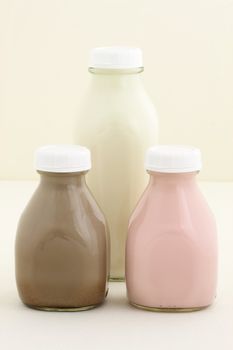 Delicious and fresh Strawberry, chocolate and regular milk bottles made with organic real fruit, chocolate mass and regular milk 