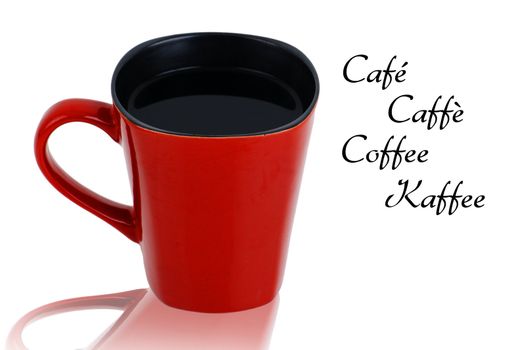 Red handcrafted square ceramic mug with black coffee and the word coffee in french, spanish, italien and german.