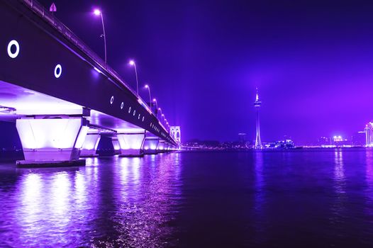 Macau Tower and Sai Van Bridge at night. View from the Taipa.