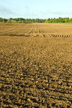 Plow of agricultural fields in autumn. Background of dirty earth ground.