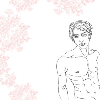 card with handsome man and beautiful floral decoration over white