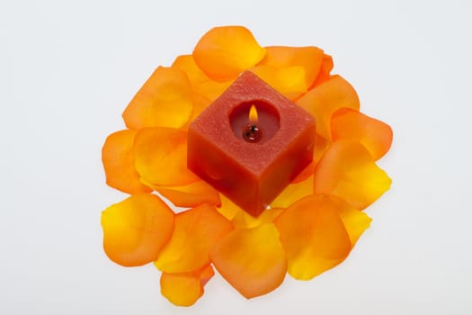 Spilt petals of the orange-rose around the aromatic candle