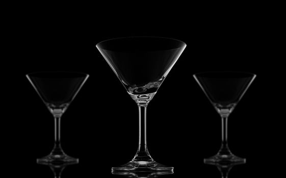 Three Cocktail glasses on black background and reflection