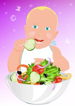 Child and fresh vegetable salad