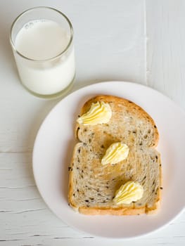 Bread and butter on white plate with glass of milk