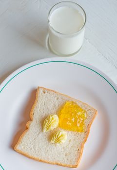 Bread butter jam on white plate with glass of milk