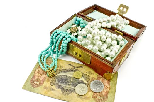 Wooden treasure chest with jewelry and money isolated on white