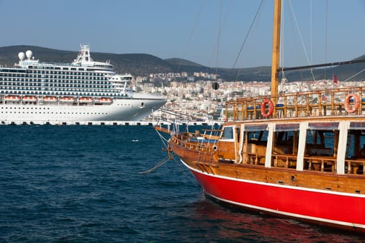 The passenger ship in port.