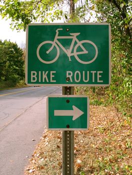 A green bike route sign on the side of the path.