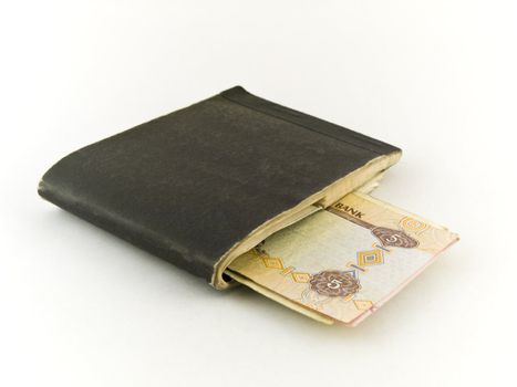 Old Chequebook and Five Dirham Note on White Background