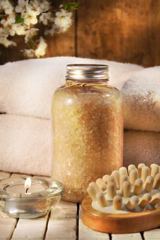 Beauty bath salts, candle and brush for bath