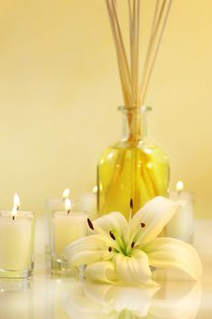 Scented sticks with candles and lily on pale background