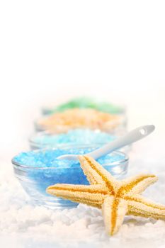 Colored sea salt and starfish on white background