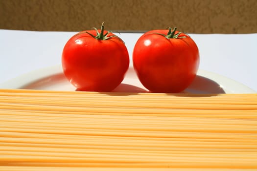 Close up of a pasta and tomatos on a plate.
