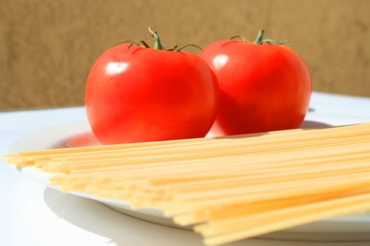 Close up of a pasta and tomatos on a plate.
