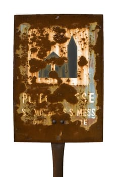 Rusty urban sign of a church isolated on a white background