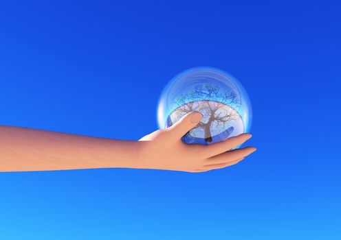 a bubble with a tree in a women hand