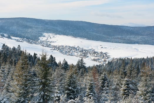 snow village in valley between winter mountains with fir tree forest in foreground