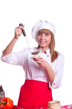 beautiful woman tries to cooked food, cooking vegetables