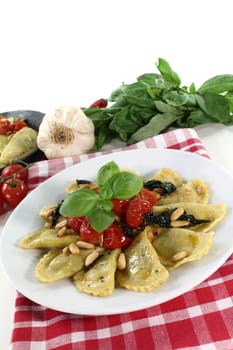 fresh Rocket and Ricotta Cappelletti with pine nuts, tomatoes and basil