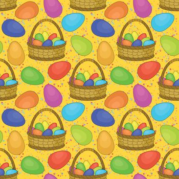 Seamless background, basket with colorful painted chicken Easter eggs.