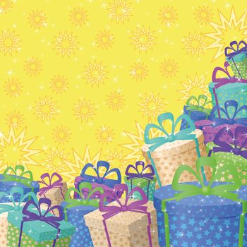 Holiday background with a pattern of festive gift boxes and stars.