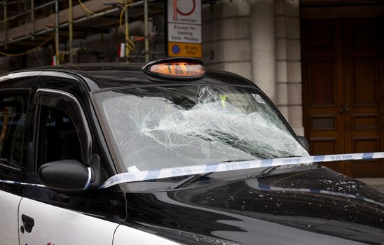 The window of a crashed taxi cab in London, UK