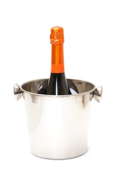 photo of Champagne and bucket on white background