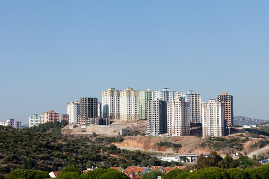 panoramic view to modern buildings under construction 