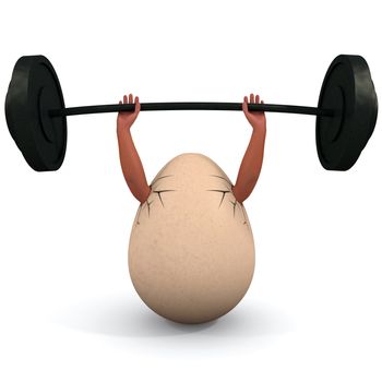 Egg holds a dumbbell. Illustration on body building and health subjects.