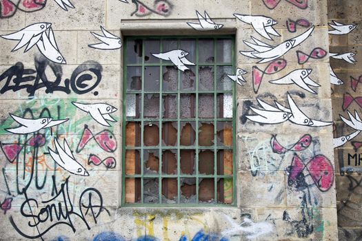 broken window in abandoned building covered with graffiti of birds