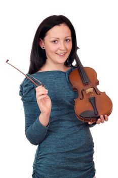 beautiful teenage girl with violin portrait on white 