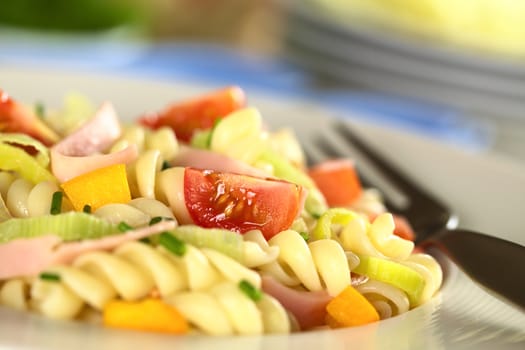 Pasta salad with leek, cherry tomato, yellow bell pepper and ham garnished with chives (Selective Focus, Focus on the tomato in the front)