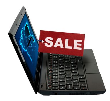 Online Shopping: Notebook With Red Sale Tag Isolated on White