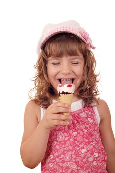 happy little girl eat ice cream on white 