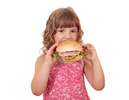 hungry little girl eat big sandwich on white