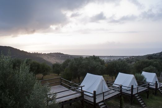 touristic camping  in Acquedolci, Sicily at the sunset